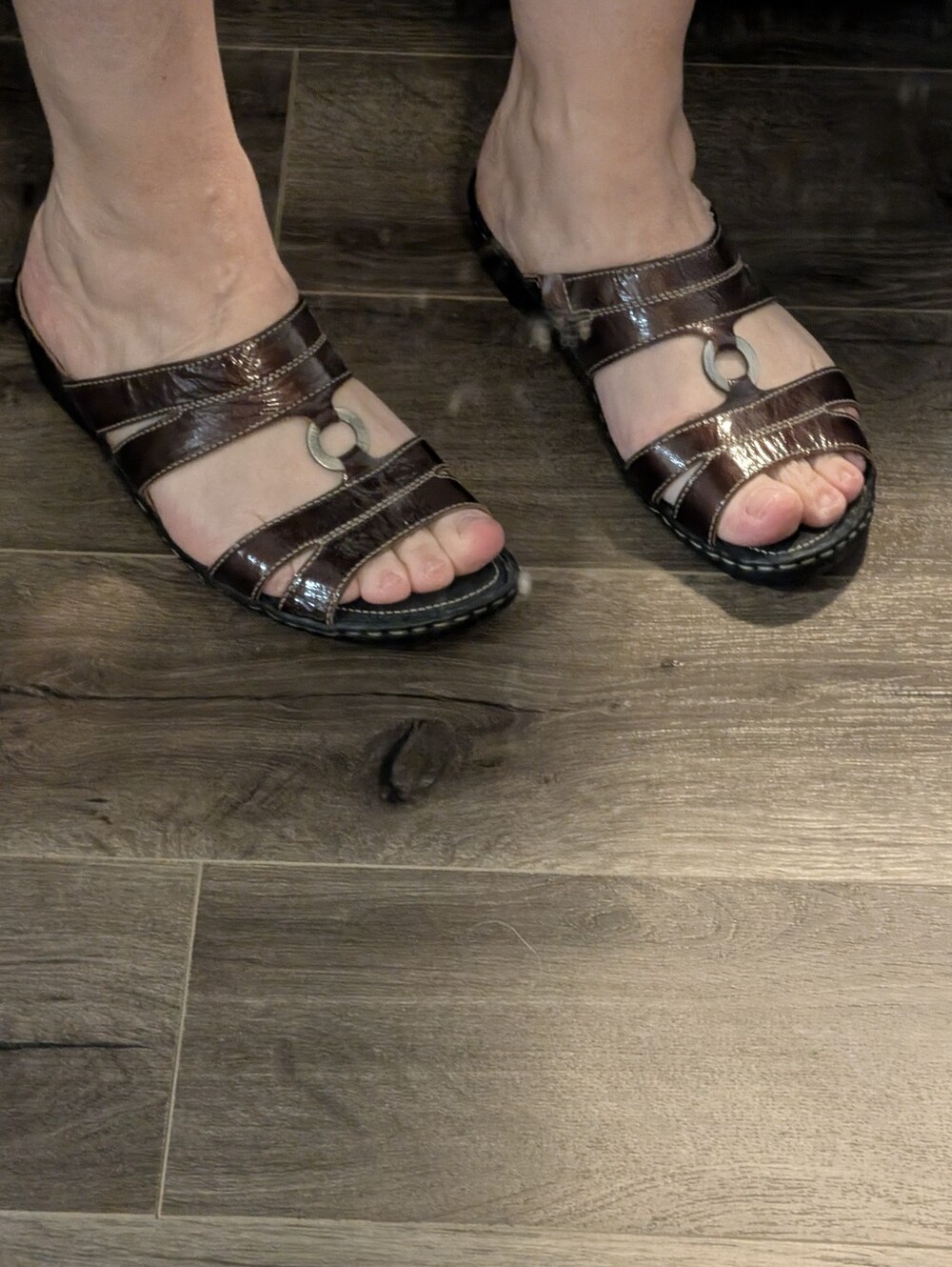 Josef Seibel slip on Sandals European Size 39. Brown. Shiny. Metal Ring. GUC.